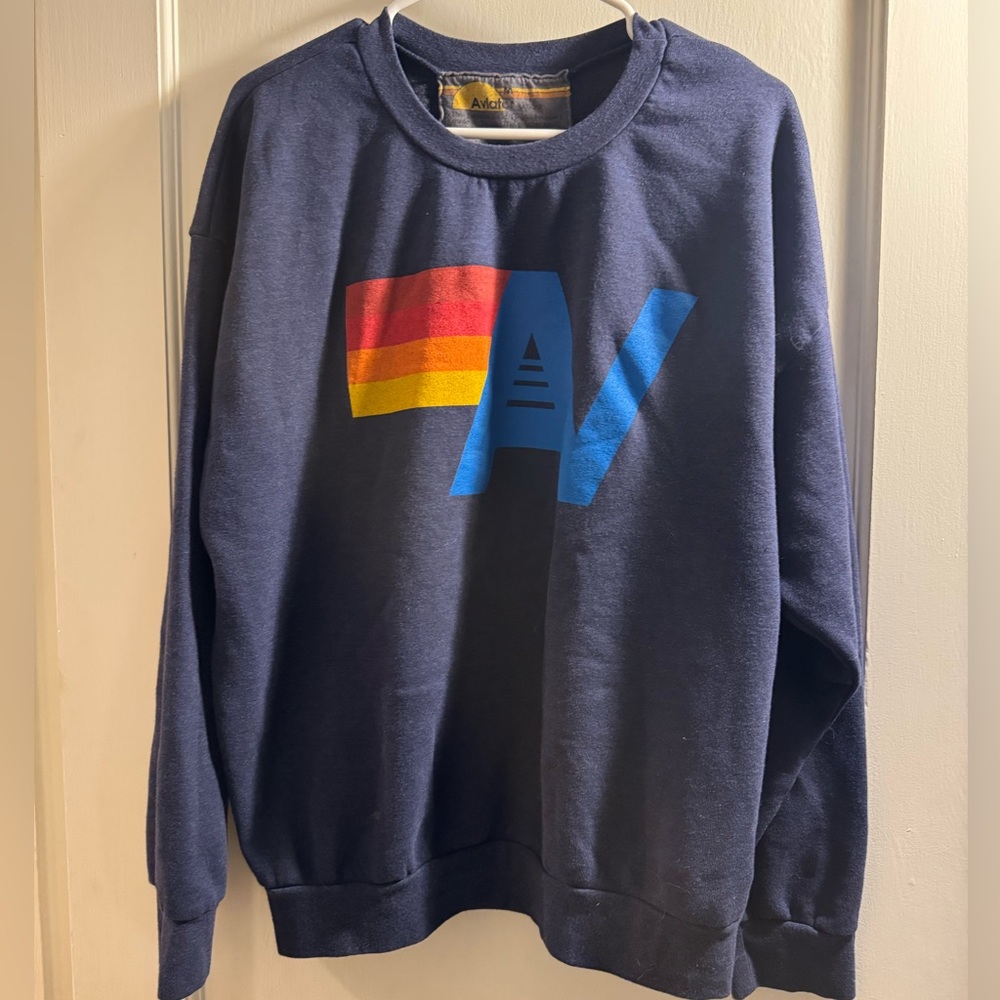 Aviator Nation Navy Crewneck Sweater with Multicolor Logo